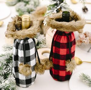 Buffalo plaid wijnflesomslag decoratieve faux bont manchet trui wijnbodemhouder cadeauzakken feest ornament SN219