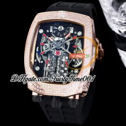 Montre automatique pour hommes Bugatti Chiron Tourbillon avec moteur 16 cylindres, cadran squelette, incrustation de collier de station de diamants glacés, bâton rouge Ru