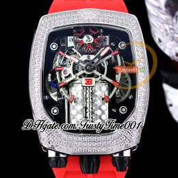 Montres de poche Gatti Chiron Tourbillon Autoamtic Montre pour homme avec moteur 16 cylindres, cadran squelette, incrustation de diamants synthétiques glacés, marqueurs rouges, caoutchouc