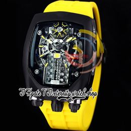 Bugatti Chiron Tourbillon Autoamtic Montre pour homme Moteur 16 cylindres Cadran squelette Boîtier en acier PVD noir Bracelet en caoutchouc jaune Super Edition Montres d'éternité BU200.21