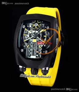 Bugatti Chiron Tourbillon Autoamtic Montre pour Homme Boîtier en Acier PVD Cadran Squelette Noir Caoutchouc Jaune Super Version Herrenuhr Reloj Hombre Montres BU200.21 Puretime C3