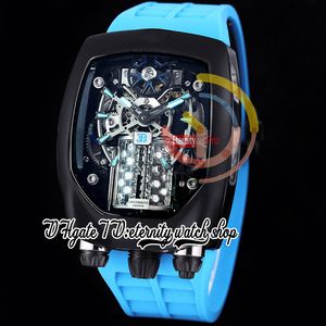 Bugatti Chiron Tourbillon Autoamtic Montre pour homme Moteur 16 cylindres Cadran squelette Boîtier en acier PVD noir Bracelet en caoutchouc bleu Super Edition Montres d'éternité BU200.21.AE.AB