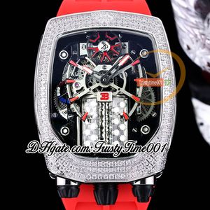 Bugatti Chiron Tourbillon Autoamtic Montre pour homme Moteur 16 cylindres Cadran squelette avec incrustation de diamants glacés Bracelet en caoutchouc rouge trustytime001Montres BU200.30