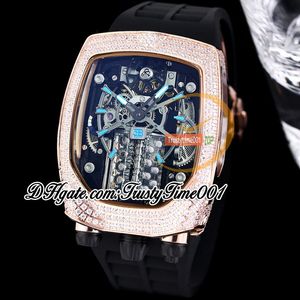 Bugatti Chiron Tourbillon Autoamtic Montre pour homme Moteur 16 cylindres Cadran squelette avec incrustation de diamants glacés Boîtier bâton bleu Bracelet en caoutchouc trustytime001Montres BU200.40