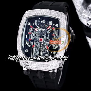 Bugatti Chiron Tourbillon Autoamtic Montre pour homme Moteur 16 cylindres Cadran squelette avec incrustation de diamants glacés Marqueurs rouges Bande de caoutchouc Trustytime001Montres BU200.30