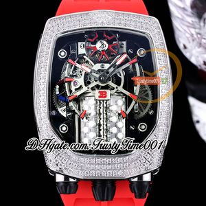 Bugatti Chiron Tourbillon Autoamtic Reloj para hombre Motor de 16 cilindros Esfera esquelética Caja con incrustaciones de diamantes helados Correa de caucho roja Trustytime001Relojes BU200.30