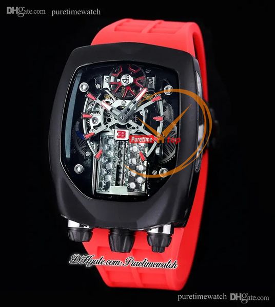 Bugatti Chiron Tourbillon Autoamtic Reloj para hombre Caja de acero PVD Esqueleto negro Dial Caucho rojo Super versión Herrenuhr Reloj Hombre Relojes BU200.21.AE.AB.A Puretime A1