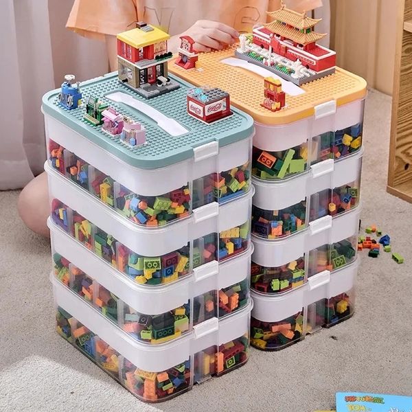 Caja de almacenamiento de bloques de construcción, rompecabezas LEGO de partículas pequeñas, almacenamiento transparente ajustable, transporte de juguetes duradero, 240124
