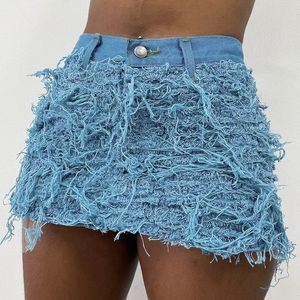 BUILDINGB Volledige seizoenen kwastjes effen vintage denim Y2K rok dames casual veelzijdige hoge taille skinny streetwear korte jurk 240327