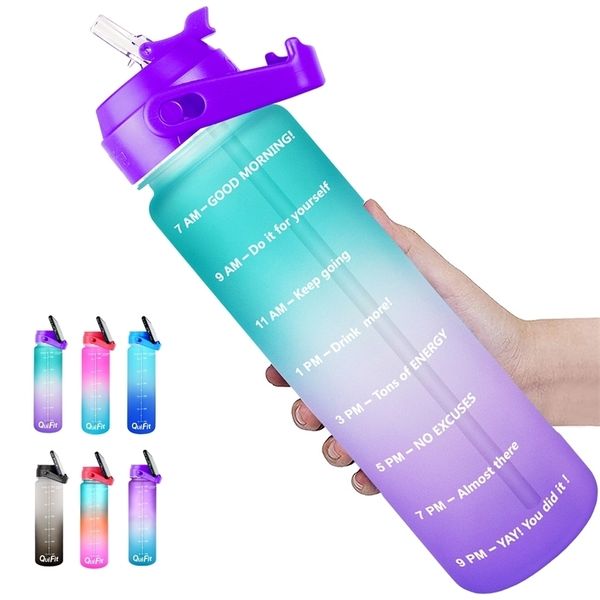 BuildLife 1L Botella de agua deportiva con paja Jarras de bebida motivacionales Marcador de tiempo Fitness al aire libre Portátil Reutilizable BPA Libre 211122