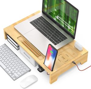 Ingebouwde telefoon Draadloze oplader, 6-in-1 Computer Monitor Stand Riser - Bamboe Desk Organizer Home Office Shelf Desktop opslag met laadstation