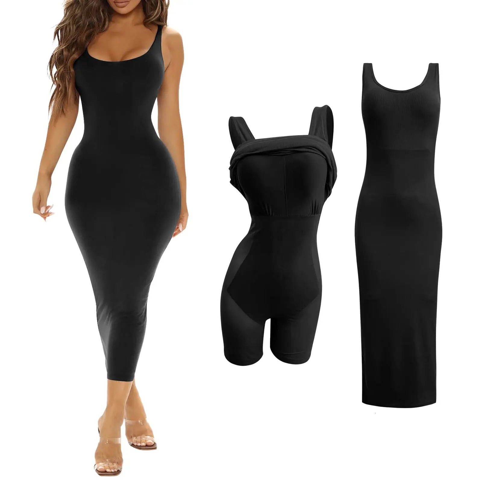 BuiltIn Shapewear Slip Maxi Lounge Dress Body Shaper Women Tummy Control Sleeveless Summer Bodycon Dresses 240314