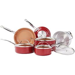 BulbHead Red Copper - Juego de utensilios de cocina antiadherentes de cerámica con infusión de cobre, 10 piezas, brújula