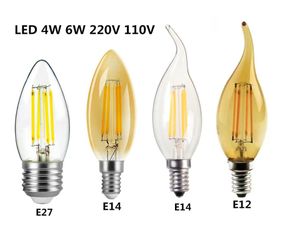 Ampoules LED Edison Filament Candle Blubs Light Golden C35 C35L 2W 4W 6W Blanc Chaud Dimmable E14 E12 E27 220V 110V Pour Crystal LightLED