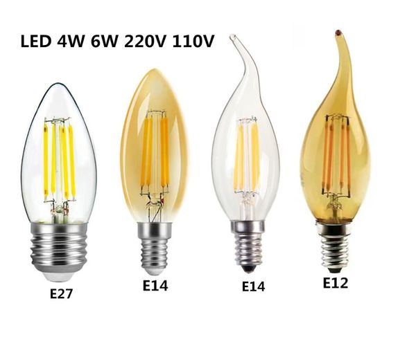 Ampoules LED Edison Filament Candle Blubs Light Golden C35 C35L 2W 4W 6W Blanc Chaud Dimmable E14 E12 E27 220V 110V Pour Crystal LightLED