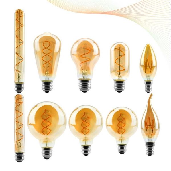 Bulbes LED Filament Bulbe C35 T45 ST64 G80 G95 G125 SPIRAL Light 4W 2200K Retro Vintage Lampes décoratives Éclairage Dimmable Edison LA220W