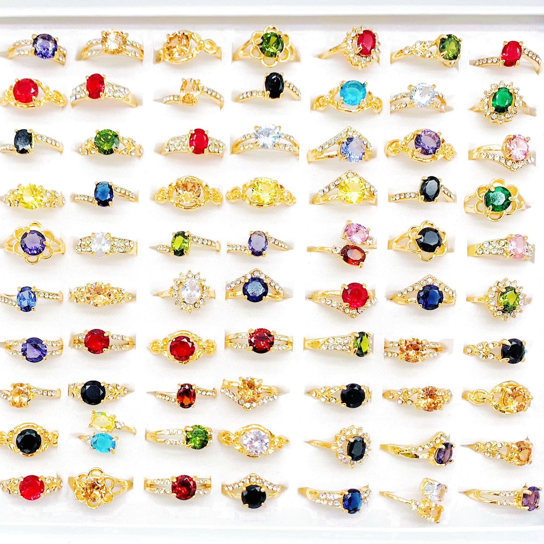 Bulk 30 Stück vergoldete Eheringe für Frauen, gemischter Stil, bunter Kristall, Zirkon, modisch, Jahrestag, Party, Geschenke, Fingerschmuck, Großhandel