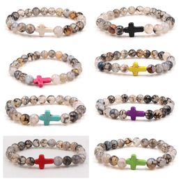 Bulk Cross Charms 8mm Zwarte Dragon Patroon Stone Strand Bead Yoga Boeddha Bracelet voor vrouwen Men Sieraden