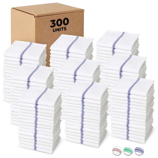 Lot de 300 torchons de cuisine économiques en vrac (300 serviettes) 100 % coton à chevrons de qualité commerciale, résistants à l'eau de Javel, pour restaurant, bar, 24 oz/dz – Blanc