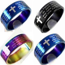 Lotes a granel 100 Uds. Cruz de oración del Señor inglés anillos de acero inoxidable 3 colores mezcla joyería de moda para hombre entera 212Z