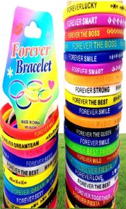 Bulklots 100 stuks Top Design Kleurrijke Charme FOREVER Siliconen Armbanden Rubber Sport Polsbandjes Mannen Vrouwen Speelgoed Armbanden Verjaardag Xmas1463335