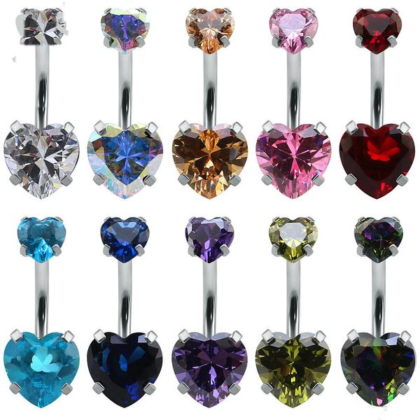 Lots en vrac 9 couleurs Double coeur Zicron bijoux en acier inoxydable barres de nombril argent nombril anneau nombril corps Piercing bijoux