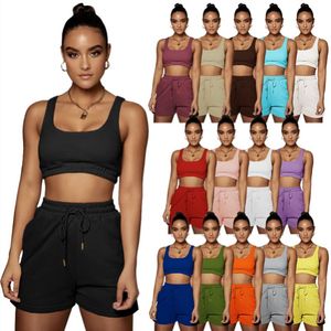 A granel verano ropa de mujer chándales sin mangas camiseta sin mangas pantalones cortos trajes conjunto de dos piezas ropa deportiva casual traje deportivo venta klw7333