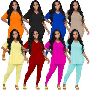 Bulk Groothandel Twee 2-delige tracksuits Pants Sets Designer Solid Loose Slipt T-shirt Potloodbroek bijpassende pakken Casual Outfits 9681