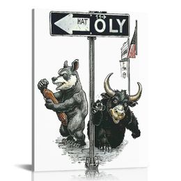 Bull and Bear debout à côté de Wall Street Sign White Wood Framed Art Affiche