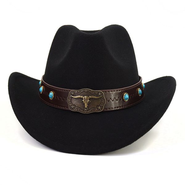 Sombrero de vaquero del oeste con banda para la cabeza de toro para mujeres y hombres, sombrero de campana de vaquera de Jazz para invierno y otoño, sombreros de fieltro, gorra para el sol