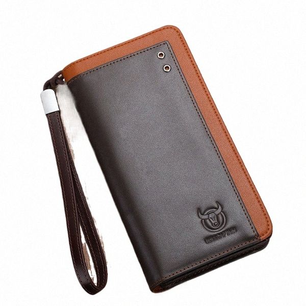 Bullcaptain Cartera de cuero genuino para hombre Bloqueo RFID Lg Monedero Monedero Funda para pasaporte para hombre Titular de la tarjeta de crédito j7cO #