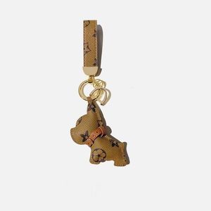 Porte-clés Bulldog en cuir Floral marron, sac fourre-tout pour hommes et femmes, accessoires de bagages, pendentif de voiture pour amoureux