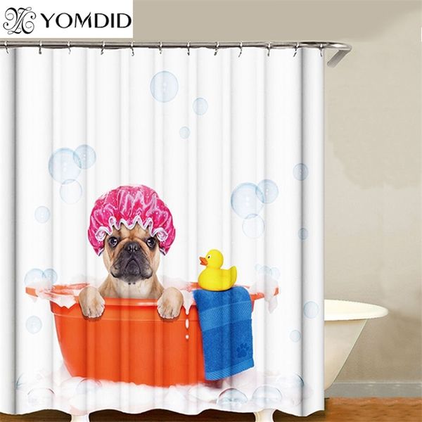 Patrón de Bulldog Cortinas de ducha Cortina de baño de dibujos animados Cachorro de gato Tela impresa Pantalla de baño de poliéster con ganchos Decoración para el hogar 211116