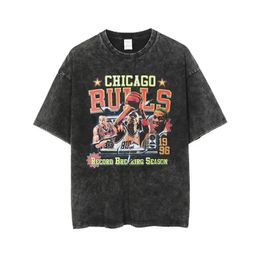 Bulls Gedrukt T -shirts Streetwear Vintage gewassen basketbalster T -shirt Casual Fashion Hip Hop Tops Tees Men 100Cotton Coat 240506