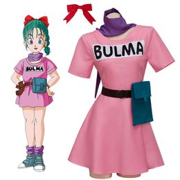 Costume de Cosplay Bulma, robe rose, couvre-chef, écharpe violette, sac de ceinture, ensemble complet pour Costume de Cosplay d'halloween pour femmes