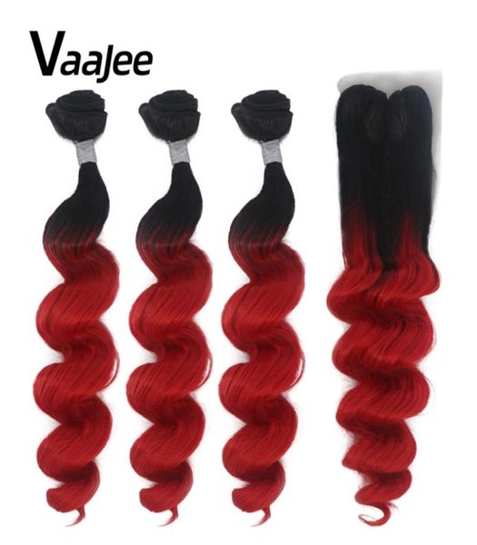 Paquetes con cierre de cabello de onda suelta con cierre de encaje para extensiones cabello de 18-30 pulgadas bondles rojos ombre con frontal 2106156581277