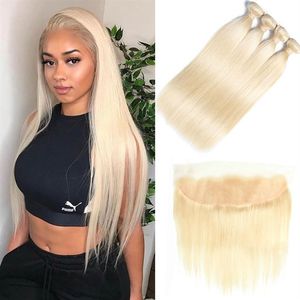 Bundels Met Frontale Blonde 3 Bundels Met 13X4 Sluiting Remy 613 Brazilian Straight Human Hair Weave Bundles278U