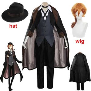 Bungou Stray Dogs Hommes Femmes Nakahara Chuuya Cosplay Costume Perruque Chapeau Gant Veste Pantalon Femelle Chuya Nakahara Cosplay Costume Y0903