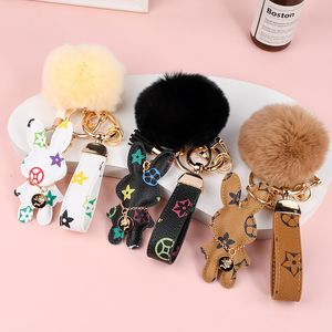 Bunny Design Key Chains Ring Pompom Ball Rabbit Bag Pendant Charm Keyring Buckle Gift Jewelry Accessories PU Leather Brown Flower Animal Lanyard Car Keychain Holder