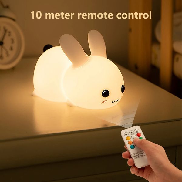 Lapin veilleuses pour enfants double couleur USB télécommande rechargeable tactile lampe de chevet cadeaux mignons pour bébé chambre d'enfant 240227