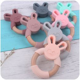 Bunny Silicone en Wood TEETHER RING NATUURLIJKE ORGANISCHE BEECH WOOD TECHTEN RING Soft Bunny Konijn Chew Toys Baby Infant Gifts 996 D3