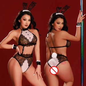 Costume lapin Cosplay, Lingerie, body en dentelle, sous-vêtements pour femmes, col licou, chemise de nuit Teddy transparente, tenues de jeu de rôle Sexy