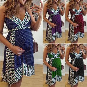 Bunvel Vestido de maternidad Patrón geométrico Patchwork Wrap Vestidos Ropa de verano para mujer con cinturón Tallas grandes Ropa de embarazo LJ201123