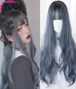 Buqi Omber Wigs Long 28 pouces Dark Blue Water Wave Bangs Res résistant à la chaleur pour les femmes Prom Cosplay Prom Lolita Halloween1140032