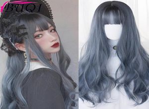 Buqi Omber Wigs Long 28 pouces Dark Blue Water Wave Bangs Res résistant à la chaleur pour les femmes Prom Cosplay Prom Lolita Halloween7579376