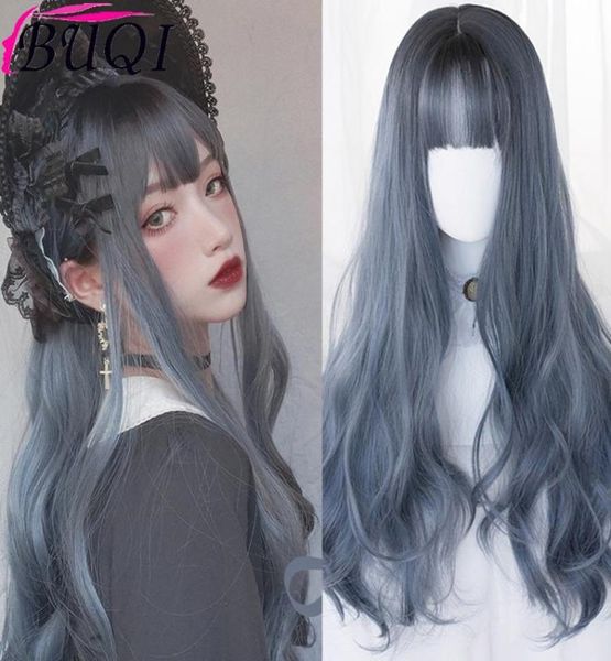 BUQI Omber perruques longues 28 pouces bleu foncé vague d'eau frange cheveux résistants à la chaleur pour les femmes Cosplay fête bal Lolita Halloween2165345