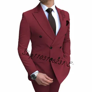 Burdy Mannen Pak 2 Stuk Slim Fit Double Breasted Tuxedos Jacket Casual Pakken voor Mannen Bruiloft Prom Blazer Broek kostuum Homme 65f8#