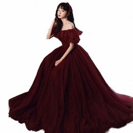 Burdy Prom Dr Mesh Geplooide Off-Shoulder Bubble Mouw Banketjurk Klassieke Tule Lace Up Slanke Lg Cocktail Party vestidos q4CP #