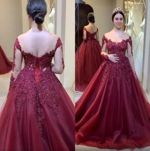 Bourgondië 2020 Arabisch Aso Ebi Lace Appliqued Quinceanera -jurken Sheer Neck Prom -jurken Lange mouwen formeel feest tweede receptie3378106