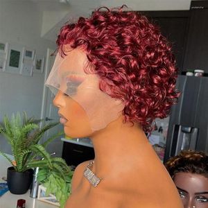 Bourgogne 99J 13x4 dentelle avant perruques de cheveux humains court bouclés coupe de lutin perruque 250% brésilien pour les femmes pré plumé Remy